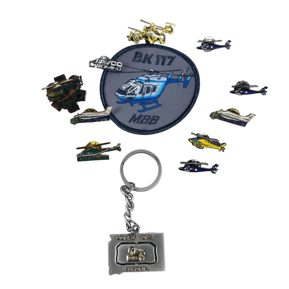 Vintage Helicopter Pin Lot Duke Life Flight BK 117 Patch Crazy Horse Keychain